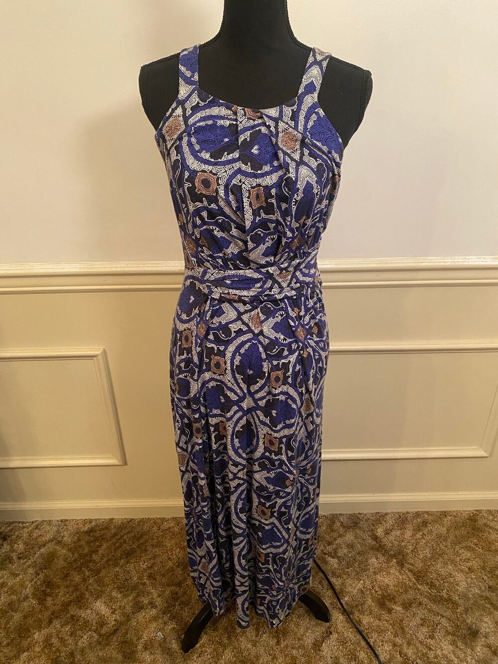 Anthropologie Maeve Auretta Maxi Dress Blue Geometric Summer Sleeveless Vacation